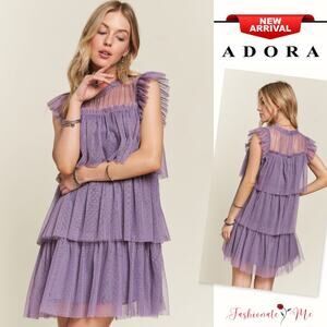 ADORA Layered Ruffled Detail Cap Sleeves Swiss Dot Print Lace Mini Dress | Mauve